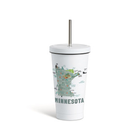 A white tumbler with a white lid and metal straw with a map illustration of Minnesota with landmarks and cities.