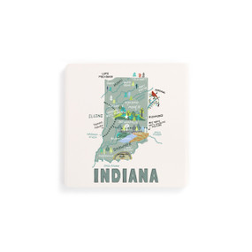 A set of four white square coasters with a map illustration of Indiana with famous landmarks and cities.
