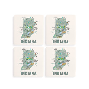 A set of four white square coasters with a map illustration of Indiana with famous landmarks and cities.