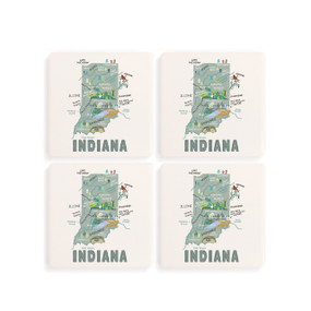 A set of four white square coasters with a map illustration of Indiana with famous landmarks and cities.