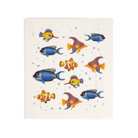A biodegradable dish cloth with the image of colorful fish on it.