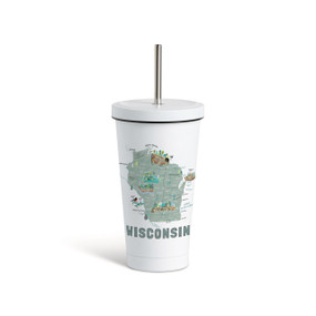 A white tumbler with a white lid and metal straw with a map illustration of Wisconsin with landmarks and cities.