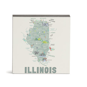 A white square wall art with an illustrated map of Illinois with landmarks and cities.