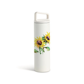 A white water bottle with a screw top handled lid. The front has a watercolor image of yellow sunflowers.