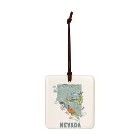 A square cream hanging tile magnet ornament with a map illustration of Nevada with landmarks and cities.