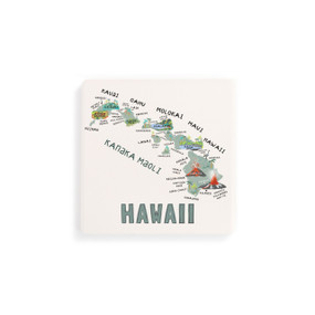 A set of four white square coasters with a map illustration of Hawaii with famous landmarks and cities.