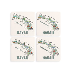 A set of four white square coasters with a map illustration of Hawaii with famous landmarks and cities.