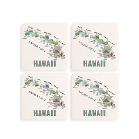 A set of four white square coasters with a map illustration of Hawaii with famous landmarks and cities.