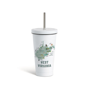 A white tumbler with a white lid and metal straw with a map illustration of West Virginia with landmarks and cities.