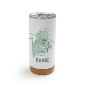 A white cork bottom tumbler with a graphic map image of Maine and illustrations of famous locations and cities.