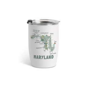A white tumbler with a clear plastic lid and a map illustration of Maryland with landmarks and cities.