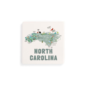 A set of four white square coasters with a map illustration of North Carolina with famous landmarks and cities.