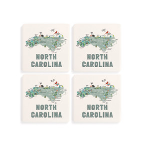 A set of four white square coasters with a map illustration of North Carolina with famous landmarks and cities.