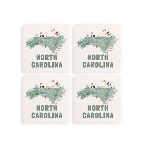 A set of four white square coasters with a map illustration of North Carolina with famous landmarks and cities.