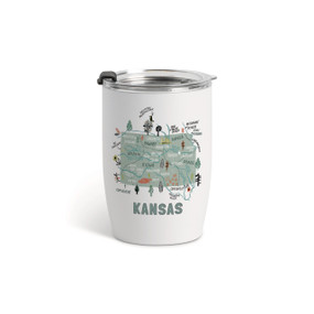 A white tumbler with a clear plastic lid and a map illustration of Kansas with landmarks and cities.