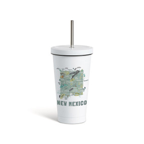 A white tumbler with a white lid and metal straw with a map illustration of New Mexico with landmarks and cities.