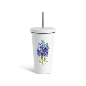 A white tumbler with a white lid and metal straw that has a watercolor image of a bluebonnet flower on the front.