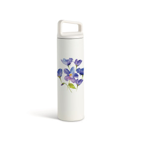 A white water bottle with a screw top handled lid. The front has a watercolor image of purple violet flowers.