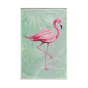 A pink flamingo displayed on a light green background.