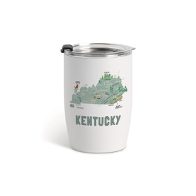 A white tumbler with a clear plastic lid and a map illustration of Kentucky with landmarks and cities.