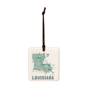 A square cream hanging tile magnet ornament with a map illustration of Louisiana with landmarks and cities.