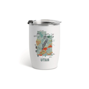 A white tumbler with a clear plastic lid and a map illustration of Utah with landmarks and cities.
