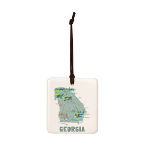 A square cream hanging tile magnet ornament with a map illustration of Georgia with landmarks and cities.