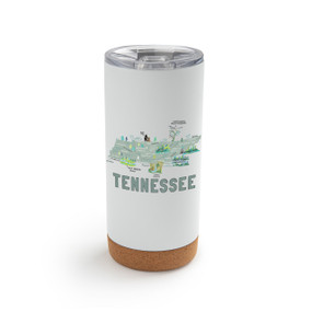 A white cork bottom tumbler with a graphic map image of Tennessee and illustrations of famous locations and cities.