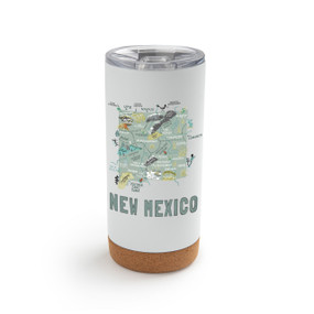 A white cork bottom tumbler with a graphic map image of New Mexico and illustrations of famous locations and cities.