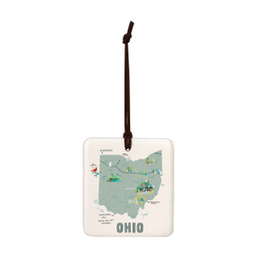 A square cream hanging tile magnet ornament with a map illustration of Ohio with landmarks and cities.
