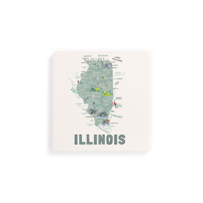 A set of four white square coasters with a map illustration of Illinois with famous landmarks and cities.