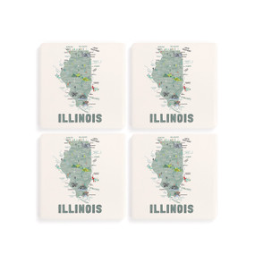 A set of four white square coasters with a map illustration of Illinois with famous landmarks and cities.