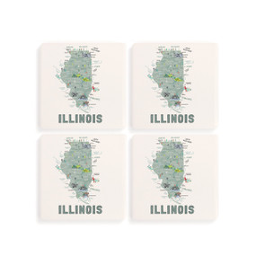 A set of four white square coasters with a map illustration of Illinois with famous landmarks and cities.