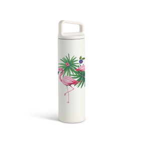 A white water bottle with a screw top handled lid. The image of pink flamingos and tropical flowers  are around the bottle.