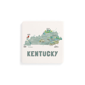 A set of four white square coasters with a map illustration of Kentucky with famous landmarks and cities.