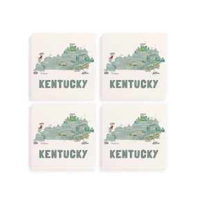 A set of four white square coasters with a map illustration of Kentucky with famous landmarks and cities.