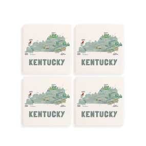 A set of four white square coasters with a map illustration of Kentucky with famous landmarks and cities.