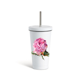 A white tumbler with a white lid and metal straw that has a watercolor image of a pink rose on the front.