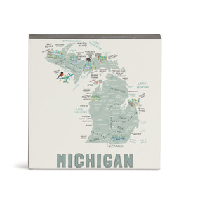 A white square wall art with an illustrated map of Michigan with landmarks and cities.