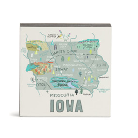 A white square wall art with an illustrated map of Iowa with landmarks and cities.