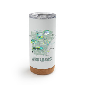 A white cork bottom tumbler with a graphic map image of Arkansas and illustrations of famous locations and cities.