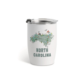 A white tumbler with a clear plastic lid and a map illustration of North Carolina with landmarks and cities.