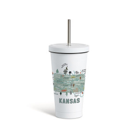 A white tumbler with a white lid and metal straw with a map illustration of Kansas with landmarks and cities.