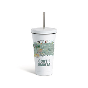 A white tumbler with a white lid and metal straw with a map illustration of South Dakota with landmarks and cities.