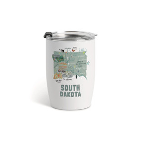A white tumbler with a clear plastic lid and a map illustration of South Dakota with landmarks and cities.