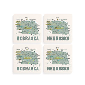 A set of four white square coasters with a map illustration of Nebraska with famous landmarks and cities.