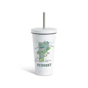 A white tumbler with a white lid and metal straw with a map illustration of Vermont with landmarks and cities.