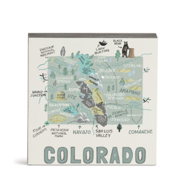 A white square wall art with an illustrated map of Colorado with landmarks and cities.
