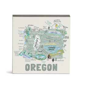 A white square wall art with an illustrated map of Oregon with landmarks and cities.