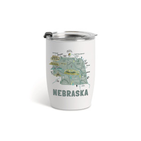 A white tumbler with a clear plastic lid and a map illustration of Nebraska with landmarks and cities.